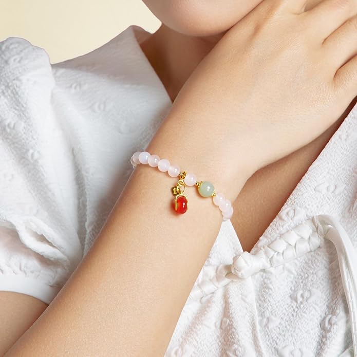 ZHOU LIU FU Silver Beaded Bracelets for Women Adjustable Silver Carnelian Roll White Chalcedony Gemstone Stretch Bracelets Mom Birthday