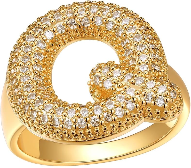 FindChic Initial Ring for Women, Gold Plated Chunky Letter Rings Open Adjustable Trendy Sparkling Cubic Zirconia Personalized Statement Rings Jewelry Gift