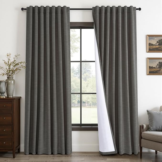Topfinel Carbon Grey 84 Inch Total Blackout Bedroom Curtains, Farmhouse Linen Drapes with Rod Pocket & Back Tabs for Sliding Glass Doors, Classic Neutral Aesthetic Window Treatment 52" W*84" L