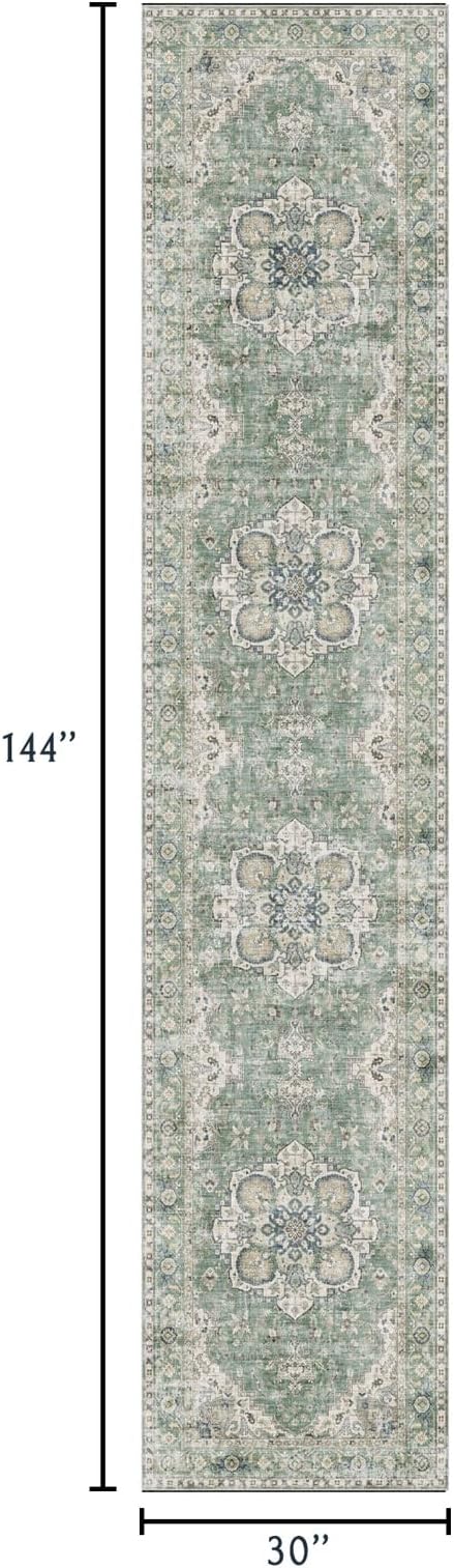 LUXRUG Washable Hallway Runner Rug 2.5x12ft - Long Non-Slip Sage Green Boho Runner Rug Low Pile Soft Vintage Farmhouse Oriental Runners for Hallways Kitchen Living Room Indoor Entryway Bedroom