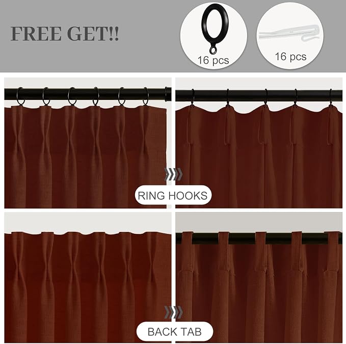IVAPUPU Pinch Pleated Linen Curtains 96 Inches Long for Living Room, Semi Sheer Light Filtering Memory Trained Pleated Curtain Back Tab Drapes for Farmhouse with Hooks Rings, Chestnut Brown, 2 Panels