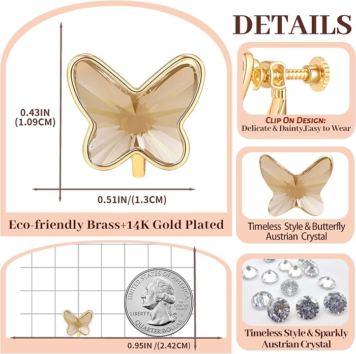 EVEVIC Austrian Crystal Butterfly Clip On Earrings for Women Adjustable Screw Back Non Pierced Earring 14K Gold Plated Hypoallergenic Jewelry