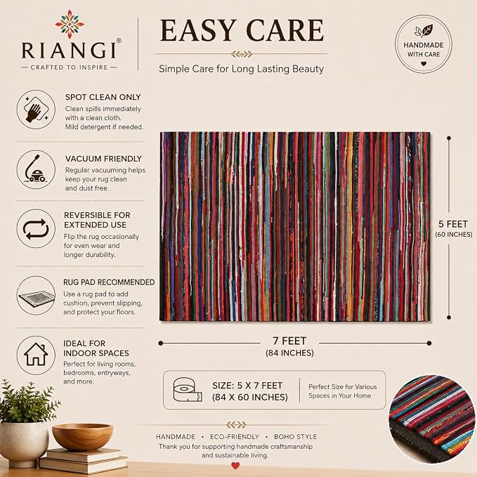 Chindi Rug 5x7, Boho Living Room Woven Braided Multicolor 5 x7 Area Rug, Bohemian Colorful Recycled Cotton Rag Rugs for Farmhouse, Bedroom, Dining Room, Classroom, Hallway