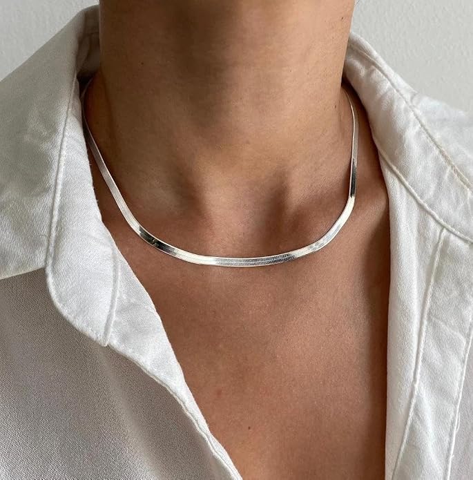 WomenGifts 14K Gold Silver Plated Herringbone Necklace for Women, Dainty Snake Chain Choker, Trendy Simple Long Layered Jewelry Non Tarnish, 3/4/5/8mm,14,16,18,20,22,24,26 Inch Thin & Chunky Options