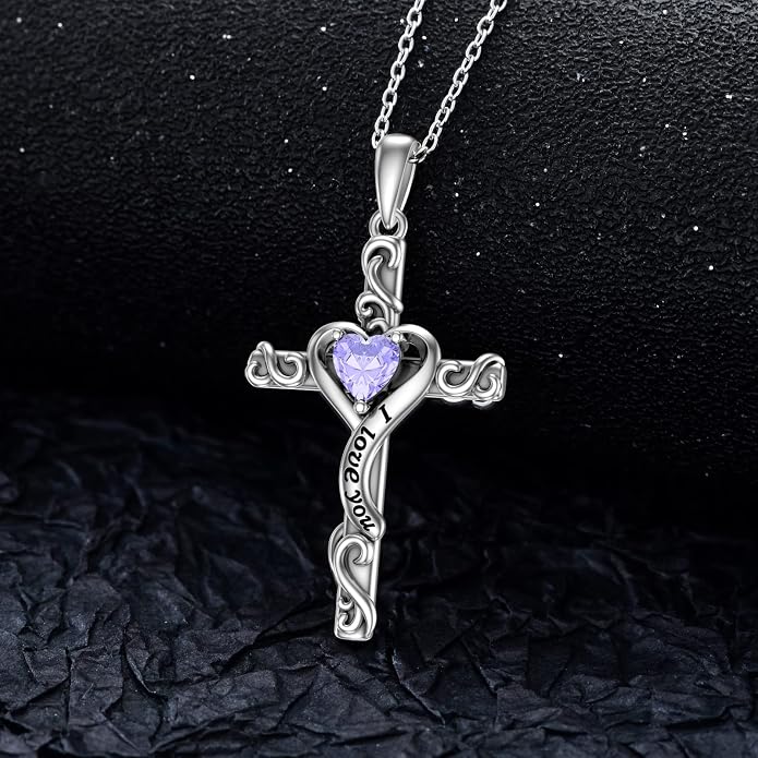TOUPOP Cross Birthstone Necklace for Women 925 Sterling Silver Heart Cross Pendant I Love You Jewelry Anniversary Birthday Mothers Day Gifts for Mom Wife Her