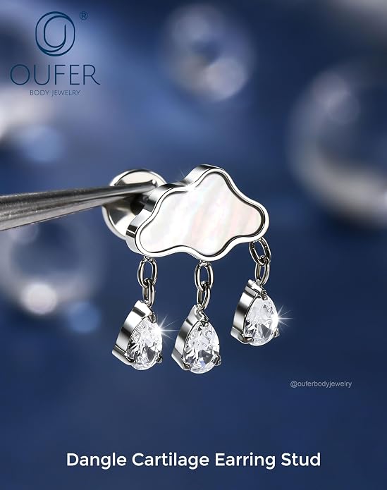 OUFER Body Piercing Titanium Cloud Helix Piercing Jewelry 16G Dangle Helix Earrings for Women Internally Thread Conch Helix Stud Flat Back Cartilage Earring Studs Surgical Steel Cartilage Jewelry