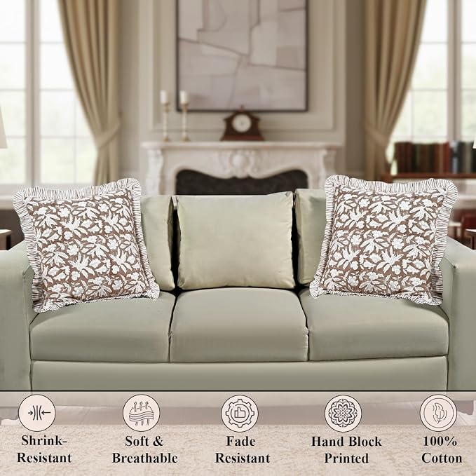 Ridhi Block Print Oak Brown Throw Pillow Cover 24" x 24" (Pack of 2) Decorative Cushion Covers with Ruffle for Couch, Sofa, Bed, Living Room, Home Decor Gift for Spring, Easter, Valentine
