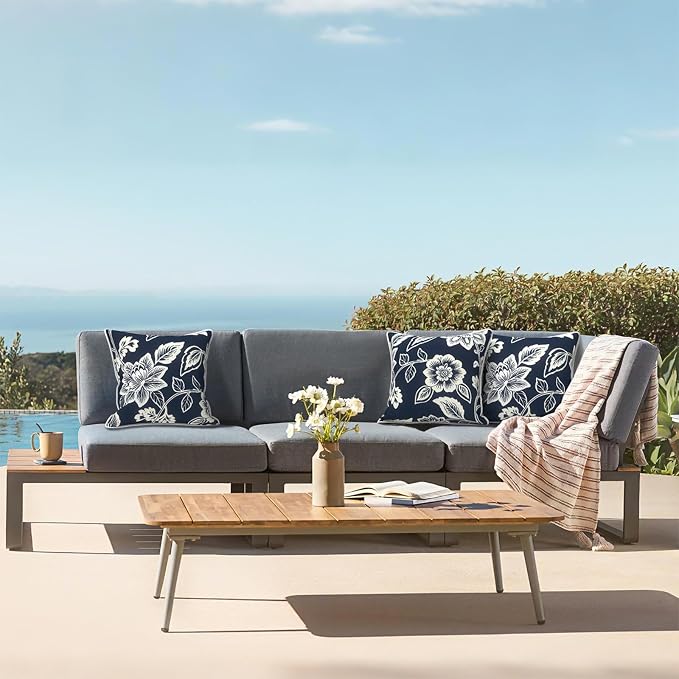 LVTXIII Outdoor Throw Pillows 18x18 Patio Waterproof Square Pillows with Piping Fade Resistant Accent Pillow for Spring Summer Garden Decoration, Set of 2, Elegant Vines Navy