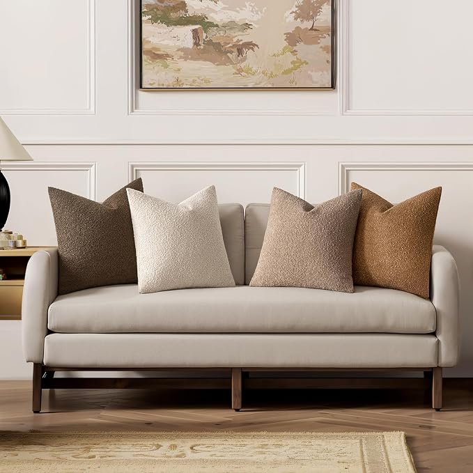 MIULEE Fall Decorative Boucle Throw Pillow Covers 20x20 Brown Set of 4 | Neutral Textured Accent Pillow Cases Soft Couch Cushion Covers for Modern Farmhouse Boho Sofa Bed Livingroom Home Decor