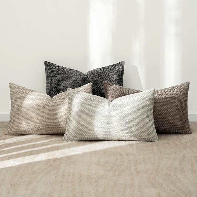 MIULEE Pack of 4 Couch Throw Pillow Covers 12x20 Inch Neutral Soft Decorative Chenille Pillow Covers Farmhouse Boho Accent Cushion Covers for Mid Century Modern Spring Decor Sofa Bedroom Living Room