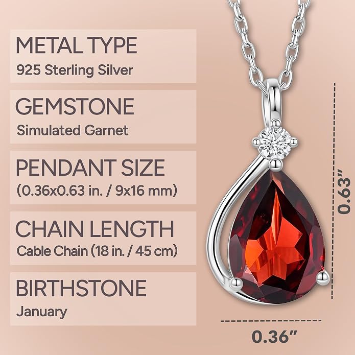 ADITA GOLD Birthstone Necklace for Women, 925 Sterling Silver Teardrop Pendant, Simulated Gemstone, Birthstone Jewelry