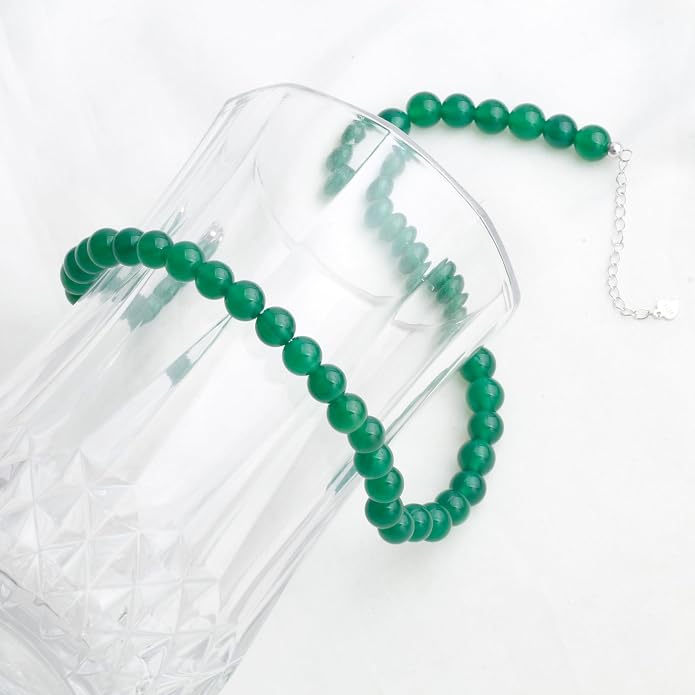 Kakikaki Natural Agate Choker Necklace Sterling Silver Round Beads Strand Necklace for Women