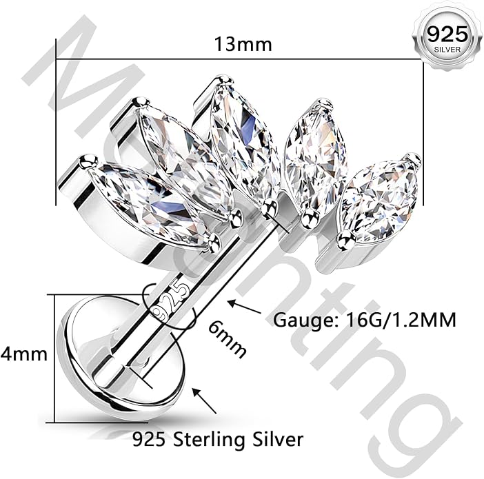 Melighting 16G Curved Helix Earring, Sterling Silver 925 Tragus Conch Stud Internally Threaded, Clear Marquise Round CZ Flat Back Lobe Labret Cartilage Piercing Jewelry for Women 6/8 mm