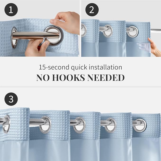 River Dream Cotton Blend Shower Curtain Set with Liner, Misty Blue, 71x86 | Waffle Weave, No Hook Needed, with Snap in Replacement Liner, Top Sheer Window, Hotel Quality for Bathroom, Extra Long