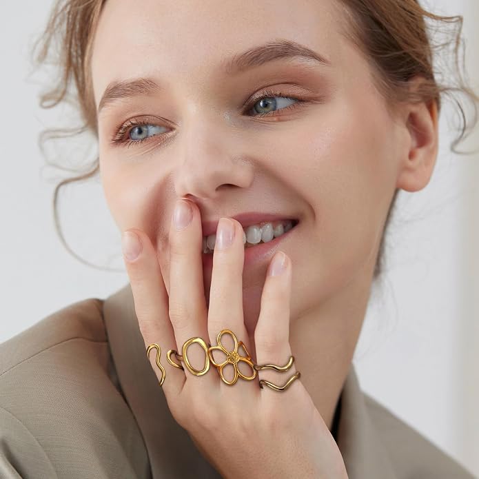 Gold Chunky Rings for Women Asymmetrical Wavy Curve Thumb Ring Irregular Thick Open Statement Rings Adjustable Stainless Steel Flower Finger Rings Non Tarnish