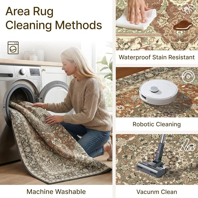 3x5 Area Rug for Living Room-Vintage Farmhouse Boho Floral Neutral Washable Stain Resistant Indoor Carpet for Bedroom Office and Home Decor(Brick&Brown)