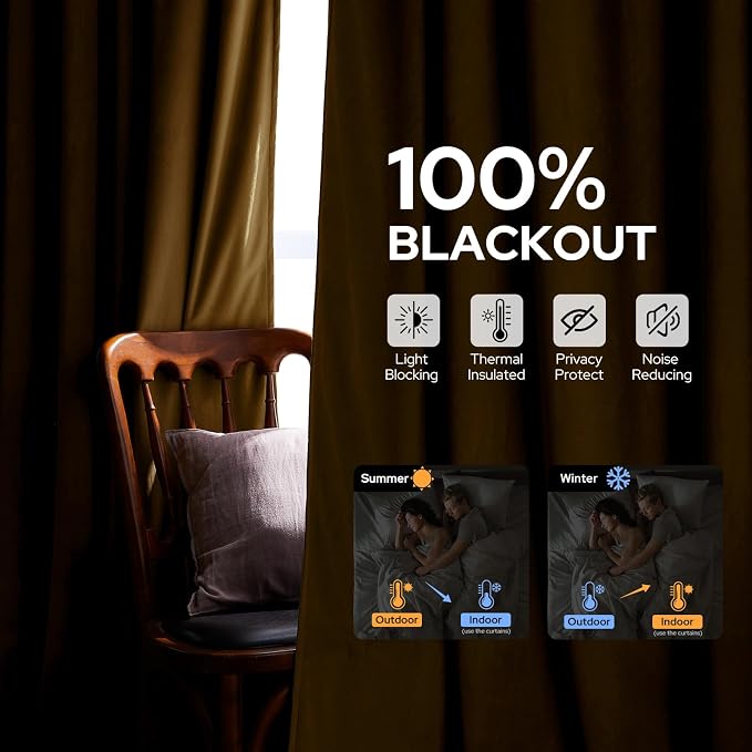 HOMEIDEAS 100% Blackout Gold Velvet Curtains, Thermal Insulated Luxury Vintage Winter Christmas Velvet Drapes for Bedroom, Living Room, Home Decor, 52 x 96 Inch, 2 Panels