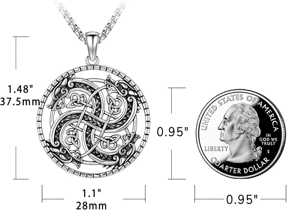 Eusense Viking Necklace for Men Women 925 Sterling Silver Pendant Thors Hammer/Norse Runes/Odin's Ravens/Wolf/Dragon/Snake/Yggdrasil/Freya/Helm of Awe/Valknut/Triskelion/Axe/Shield Viking Jewelry