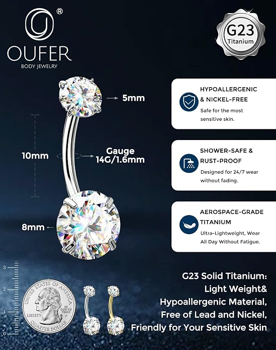 OUFER 14G G23 Titanium Moissanite Internally Threaded Belly Button Ring with Care Kit for Healing,D Color VVS1 Brilliant Cut Stones, Silver/18K Gold Plated Hypoallergenic Navel Piercing Jewelry for Women Men