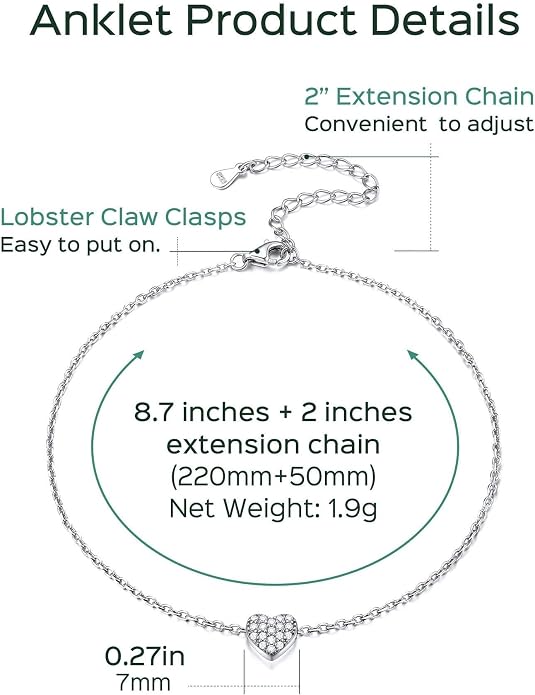 ChicSilver Personalized 925 Sterling Silver Tiny Heart/Moon/Star/Sun/Dot/Triangle Anklets Simple Dainty Foot Jewelry for Women, Silver/Gold Plated/Rose Gold Plated