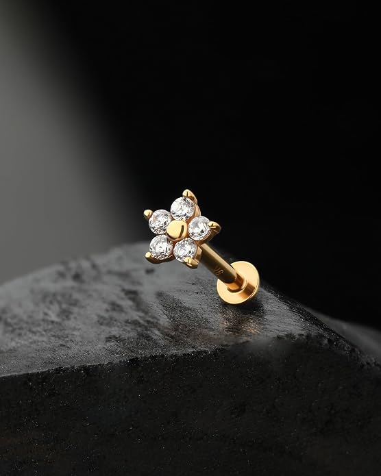 Jewseen 9K Real Solid Gold Flat Back Stud Earring 16G 8mm Internally Threaded Fine Piercing Jewelry for Helix Tragus Lobe Lip