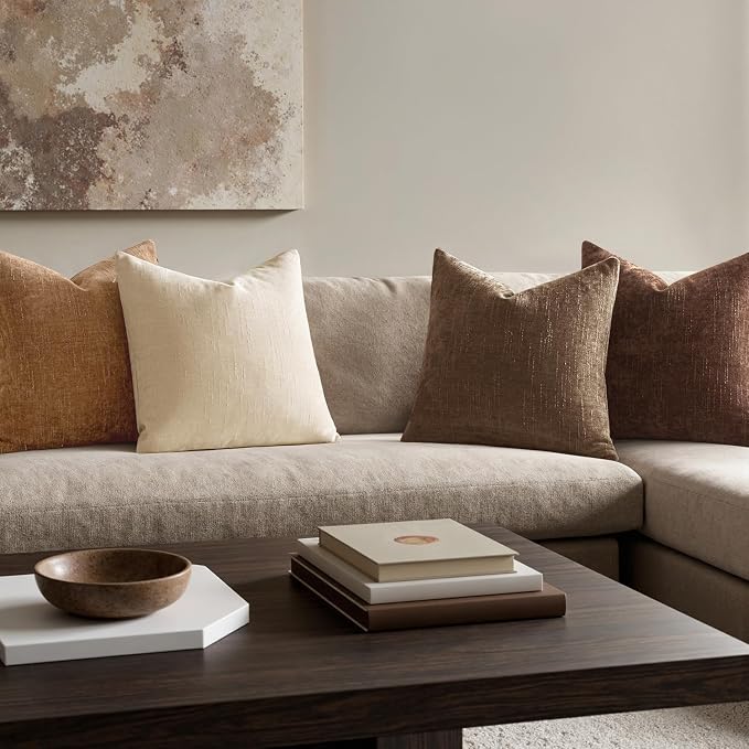 MIULEE Pack of 4 Fall Decorative Throw Pillow Covers 18x18 Inch Chenille Textured Throw Pillows Boho Farmhouse Rustic Cushion Covers Vintage Home Decor for Couch Sofa Bed Living Room，Dark Brown