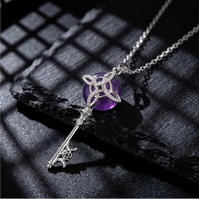 Natural Moonstone Crystal Key Necklace for Women, Retro Triple Moon Key Healing Crystal Wiccan Pagan Jewelry Gift