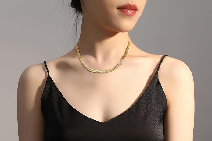 FOSIR Herringbone Necklace for Women, 14K Gold Plated/Silver/Black Choker Necklace, Dainty Surgical Stainless Steel Snake Chain for Women, 2.3mm/3mm/4mm/5mm Width