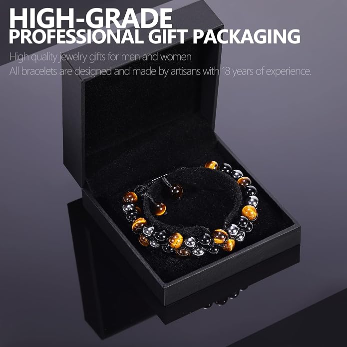 Triple Protection Bracelet, Genuine Tigers Eye Black Obsidian and Hematite 8mm Beads Bracelet for Men Women, Crystal Jewelry Stone Bracelets Gifts for Men Bring Luck Prosperity