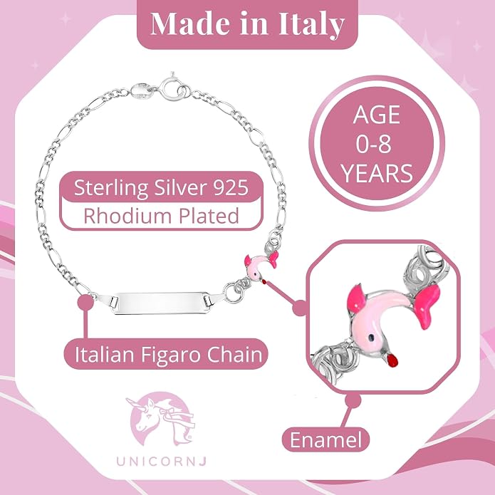 UNICORNJ 925 Italy Sterling Silver Child or Baby Name Bracelet Girls Boys, Personalized Engraved Kids ID Bracelets, 6.5" Figaro Chain, Enamel Charm Newborn Infant Toddler Kid Jewelry