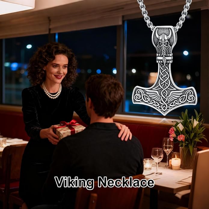 PROESS Thors Hammer Necklace Sterling Silver Celtic Knot Wolf/Lion/Raven Necklace Viking Mjolnir Pendant Jewelry for Men