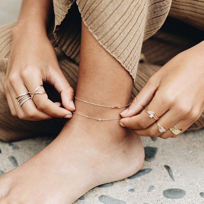 LOYATA Dainty Ankle Bracelet,14K Gold Plated Tiny Bead Anklet Dainty White Cubic Zirconia Cross Tassel Foot Chain Cute Lucky Moon Evil Eye Foot Jewelry Boho Anklets for Women