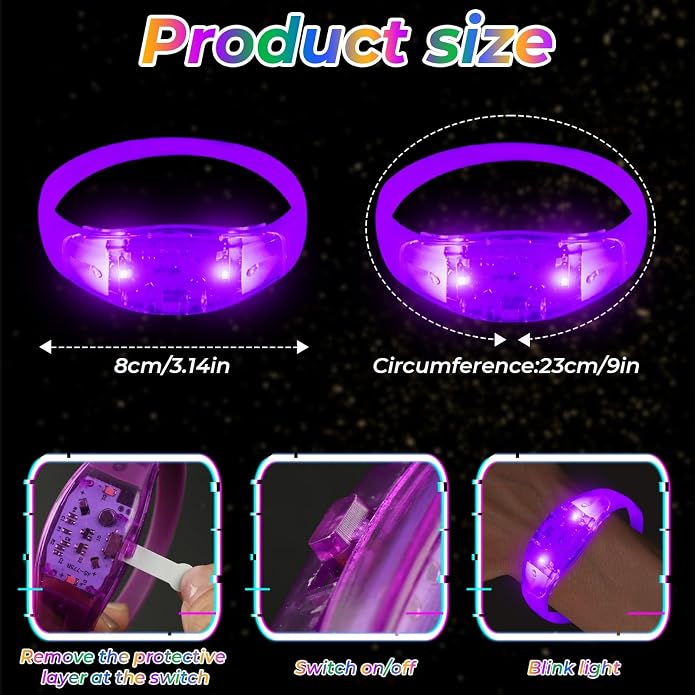24 Pack Light UP Bracelets Sound Activated Flashing Wristbands Music Control Glow in the Dark Bracelets for Rave Game Prizes Carnival Concerts Night Events Mardi Gras Party Favors