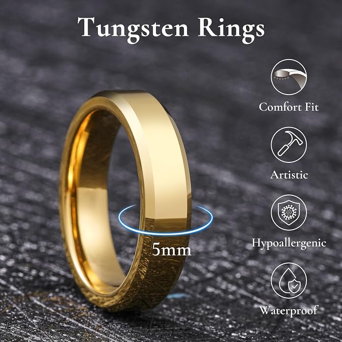 King Will Tungsten Carbide Wedding Band for Men Women-4/6/8mm Width 14K Gold Plated Tungsten Wedding Ring Matte Brushed & High Polished Style Comfort Fit Wedding Band Size 6-14