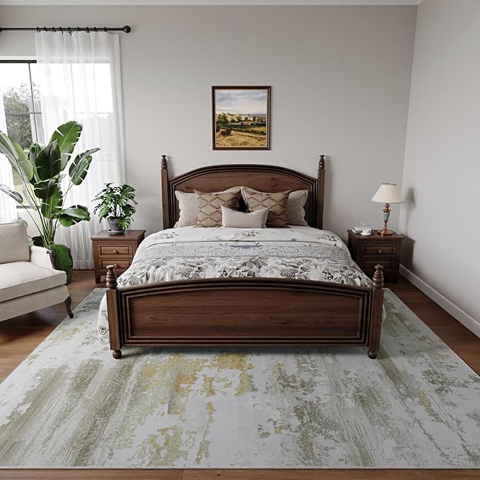 Kelarea Washable Area Rug for Living Room, 6x9 Non Slip Modern Abstract Beige Rugs, Easy Clearning Low Pile Large Carpet for Bedroom, Dining Room, Nursery, Office