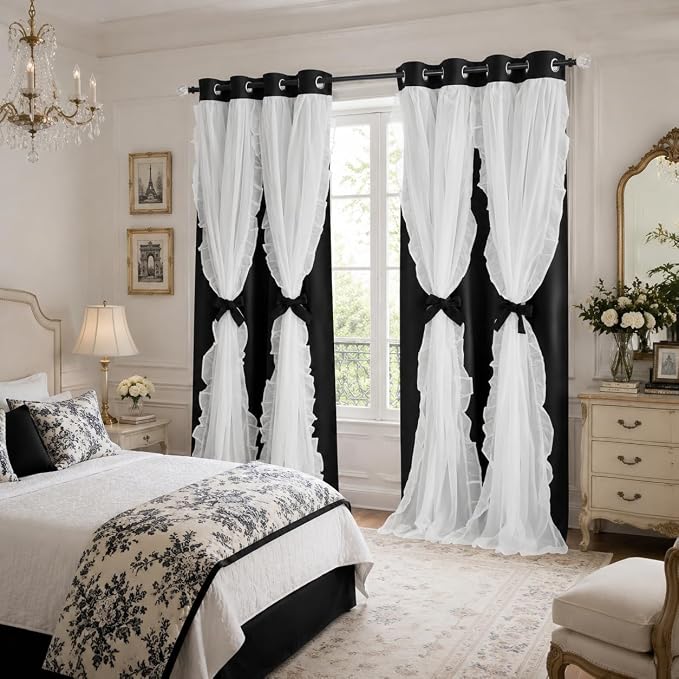 PONY DANCE Blackout Gothic Curtains for Toddle Bedroom Decorative 84 Inches Long, Double Layer Bow Curtain Ruffle White Sheer Overlay, Shabby Chic Decor, W52 x L84 inch, Black, 2 Panels