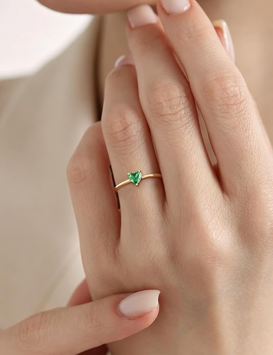 WFYOU Gold Heart Birthstone Rings for Women 14K Gold Plated Non Tarnish Stackable Pinky Cubic Zirconia Rings Emerald Dainty Gemstone Thumb Ring Band Cute Jewelry Birthday Gift Size 5-10