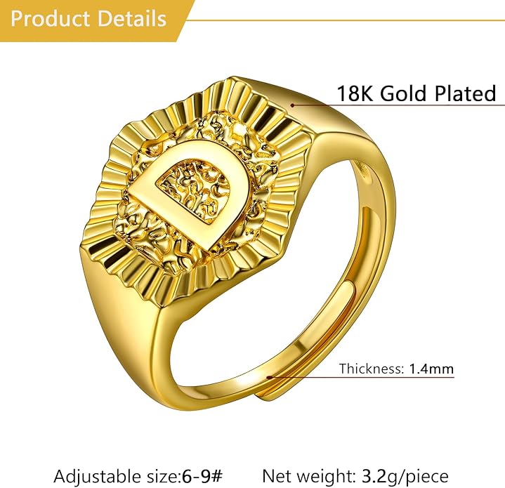 U7 Initial Ring Wedding Band for Men Women 18K Gold Plated Statement Hexagon A-Z Letter Jewelry Personalized Stackable Signet Rings