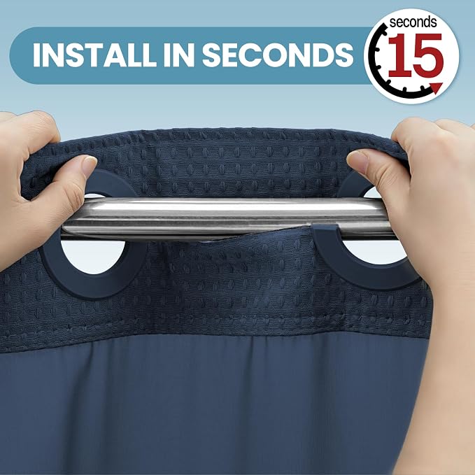 EUTXL Heavyweight Navy Blue No Hook Shower Curtain with Snap in Liner,256GSM Waffle Weave Shower Curtains for Bathroom,71W x 74H
