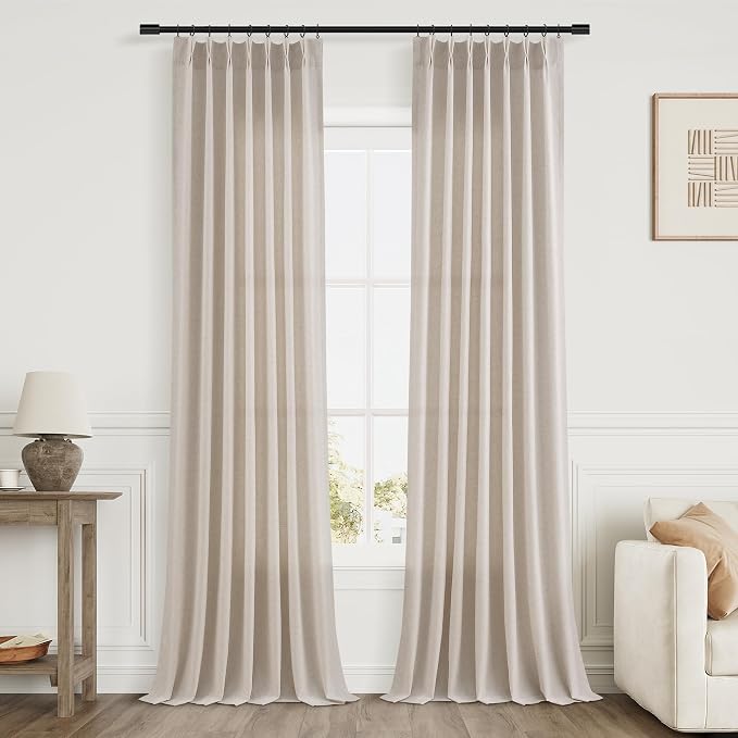 Aersas Birch Beige Pinch Pleated 90 Inch Linen Curtains 2 Panels Set for Living Room Pinch Pleat Drapes Back Tab Light Filtering Semi Sheer Curtain 90 Inches Long for Dining Bedroom Office W40xL90