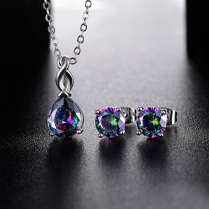 VOLUKA Created Opal/Amethyst/Mystic Topaz Pendant Necklace for Women,18K White/Rose Gold Plated Chain Wedding Engagement Jewelry Gift