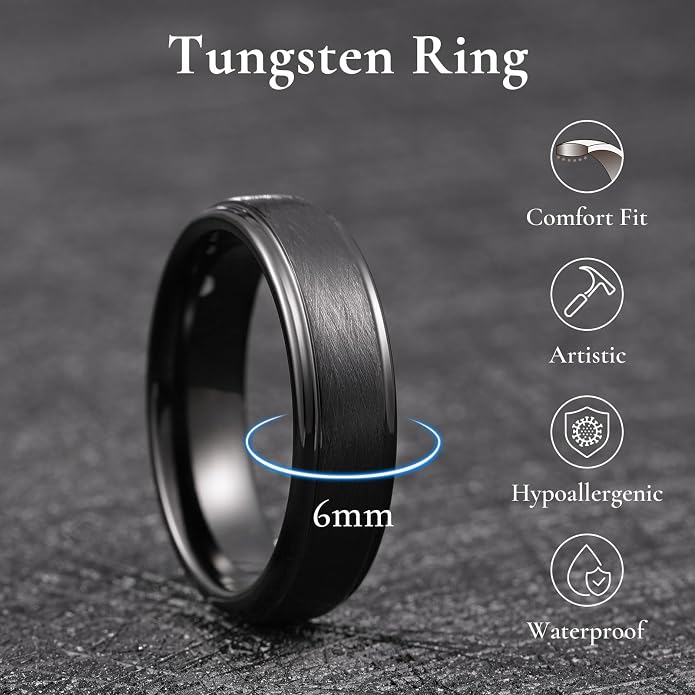 King Will Classic Tungsten Carbide Ring Brushed Two Grooved Center Hammered Design Mens Wedding Band for Men