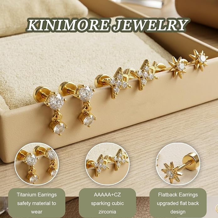 3 Pairs 20G Flat Back Earrings, G23 Titanium Hypoallergenic CZ Studs, 14K Gold Cartilage Helix Tragus Conch Piercing Jewelry for Women