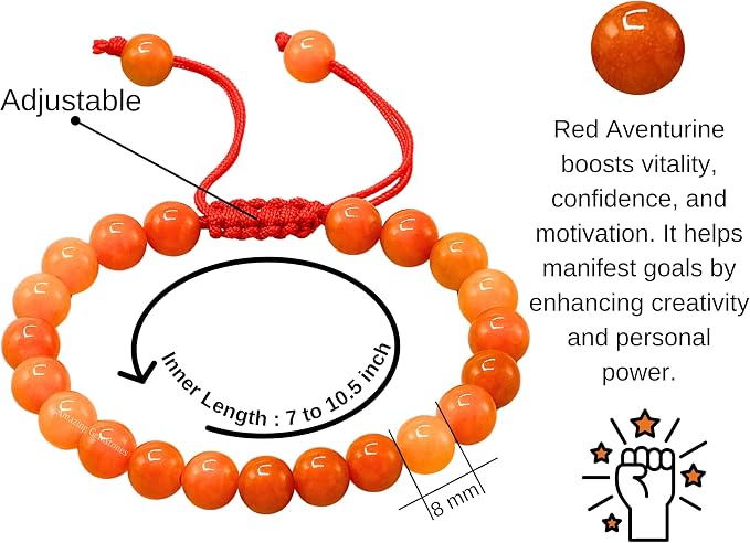 Amazing Gemstone Red Aventurine Bracelet for Women Men's Gifts - Protection Healing Crystal Bracelet - 8mm Gemstone Beaded Adjustable Bracelet Pulseras para Hombres Mujer Stocking Stuffers