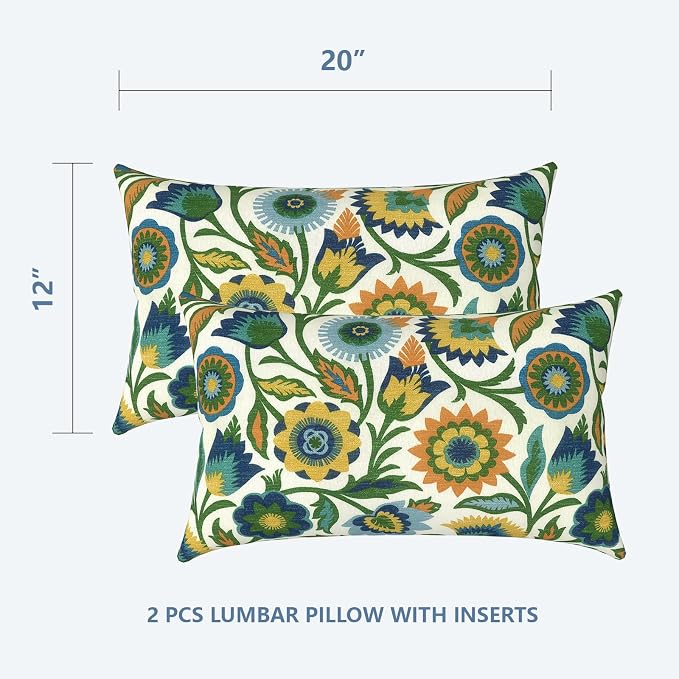 LVTXIII Set of 2 Patio Lumbar Pillows, 12" x 20" Fade Resistant Outdoor Lumbar Pillow with Inners, Fluffy Decorative Garden Lumbar Cushions for Home Patio Coach Sofa Use, Fiesta Floral