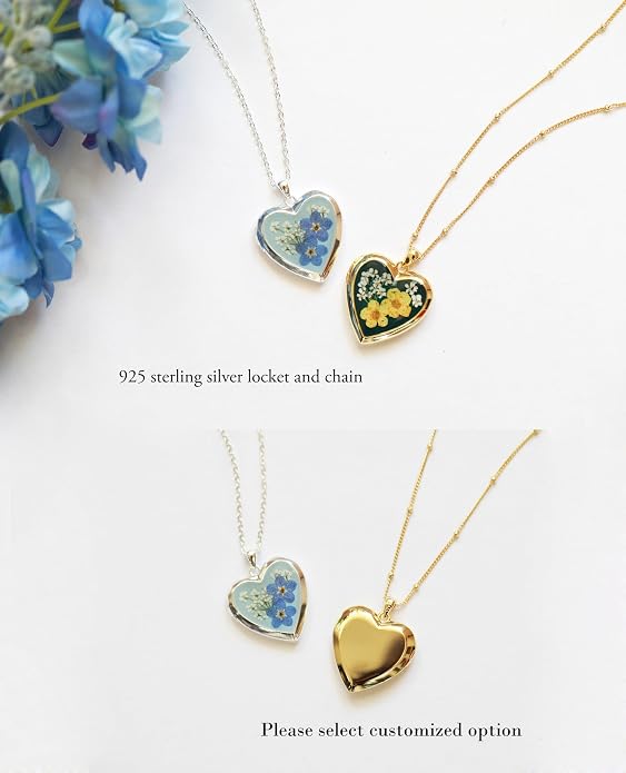Handmade Heart Shaped Dried Pressed Forget Me Not Flower Photo Locket Pendant Necklace