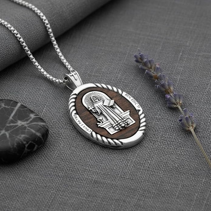 ONEFINITY Wooden Necklace Viking Wolf/St Benedict Medals/St Michael/Crucifix/St Christopher Pendant Necklace for Men Archangel Amulet Wooden Religious Jewelry Gifts for Men Women