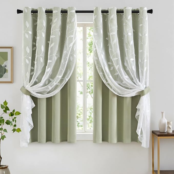 MIULEE Double Layer Curtains 63 Inches Long, White Leaf Patterned Sheer Floral Drapes and Sage Green Blackout Room Darkening Curtains for Living Room Bedroom, Grommets Top, 52" W x 63" L, 2 Panels