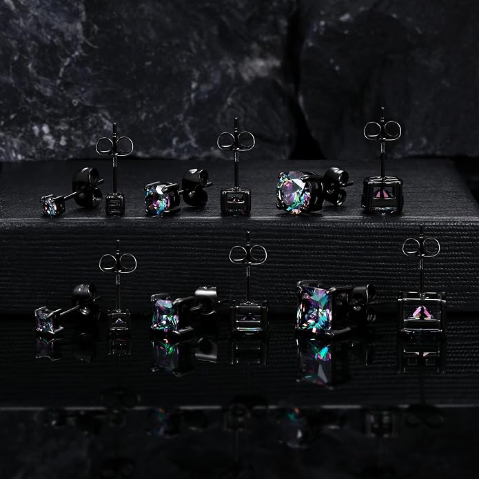 MDFUN 6 Pairs Stud Earrings Set 3mm/5mm/7mm Princess & Round Cubic Zirconia Earrings Hypoallergenic 316L Surgical Stainless Steel CZ Earrings for Women Men