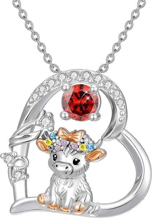 Highland Cow Gifts for Women 925 Sterling Silver Highland Cow Birthstone Necklace Fluffy Cow Jewelry Gifts Birthday Christmas